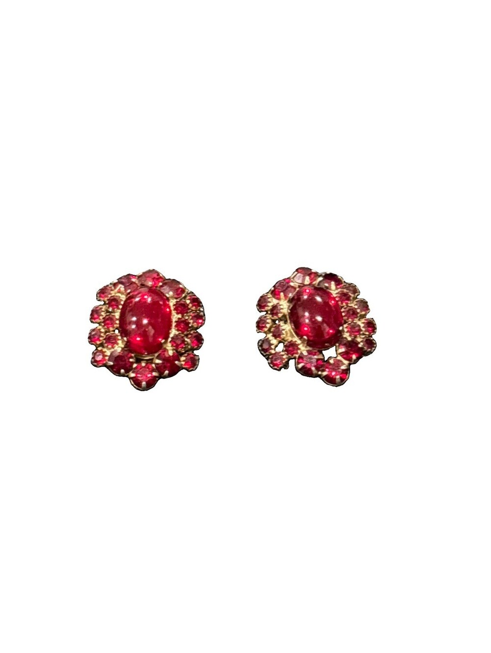 Vintage Red Rhinestone Cluster Clip‑On Earrings